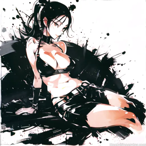  1girl belt black hair black shorts breasts cleavage large breasts long hair midriff navel ponytail shorts solo sfw  