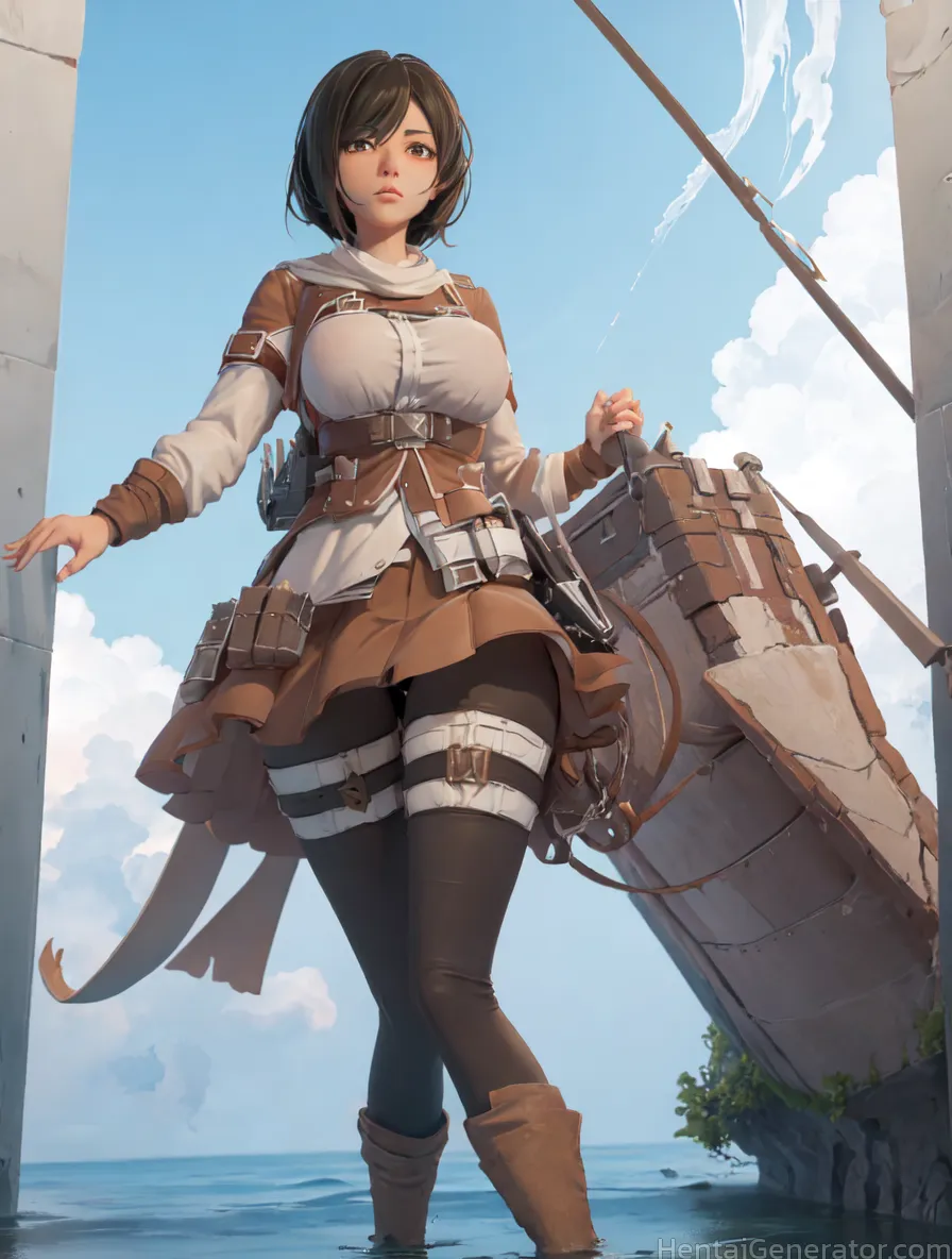  1girl belt blue sky boots breasts brown eyes brown hair cloud cloudy sky day horizon jacket looking at viewer ocean paradis military uniform short ha