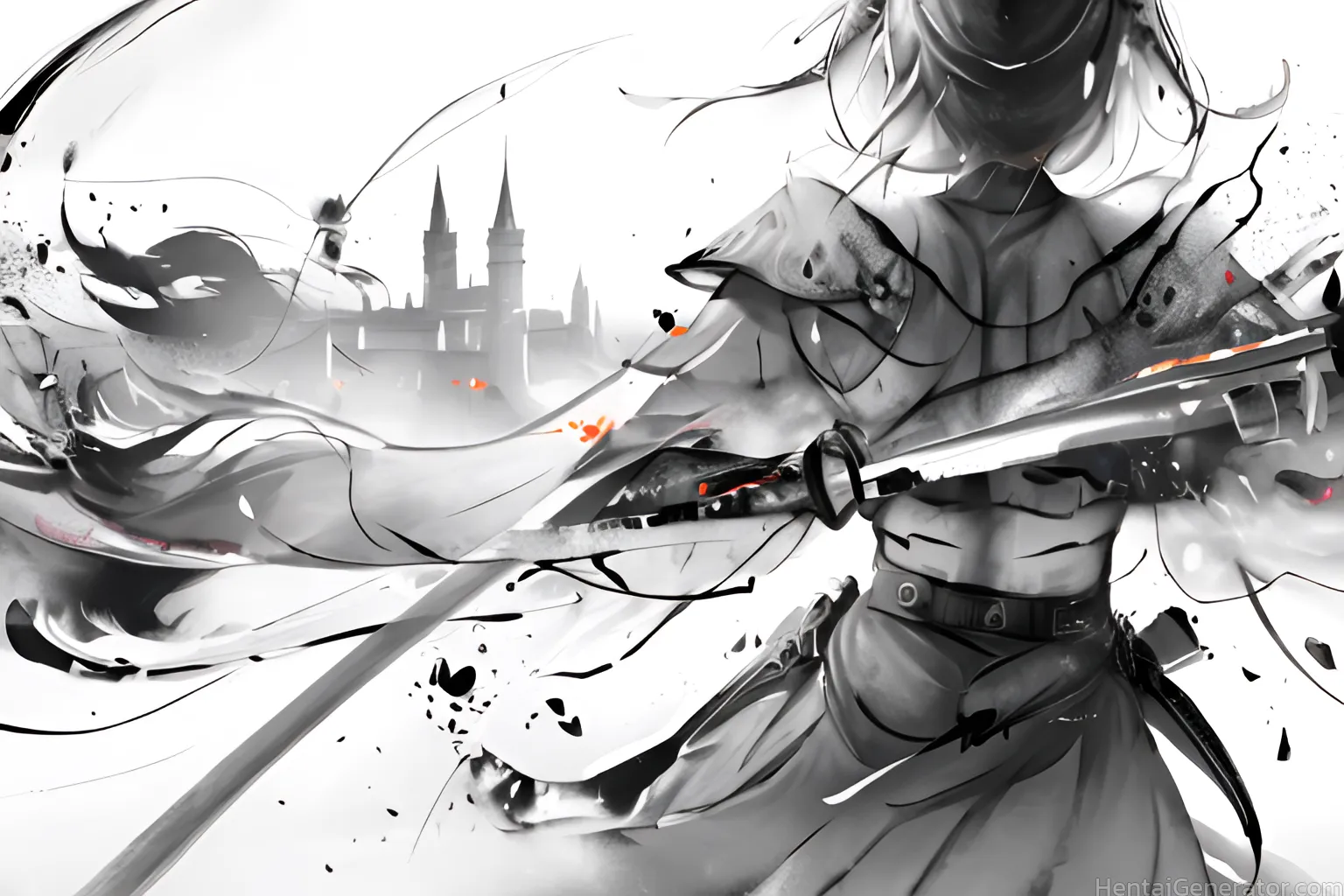  1girl belt greyscale holding holding sword holding weapon katana long hair monochrome navel solo sword weapon sfw  