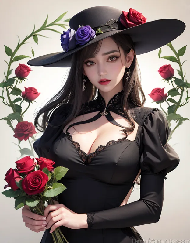  1girl berry black dress black flower black headwear black rose blue rose bouquet breasts camellia cleavage cross earrings earrings flower flower orna