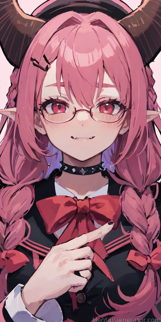  1girl bespectacled black-framed eyewear blush bow bowtie braid glasses hair ornament horns long hair looking at viewer pink hair pointy ears red bow 