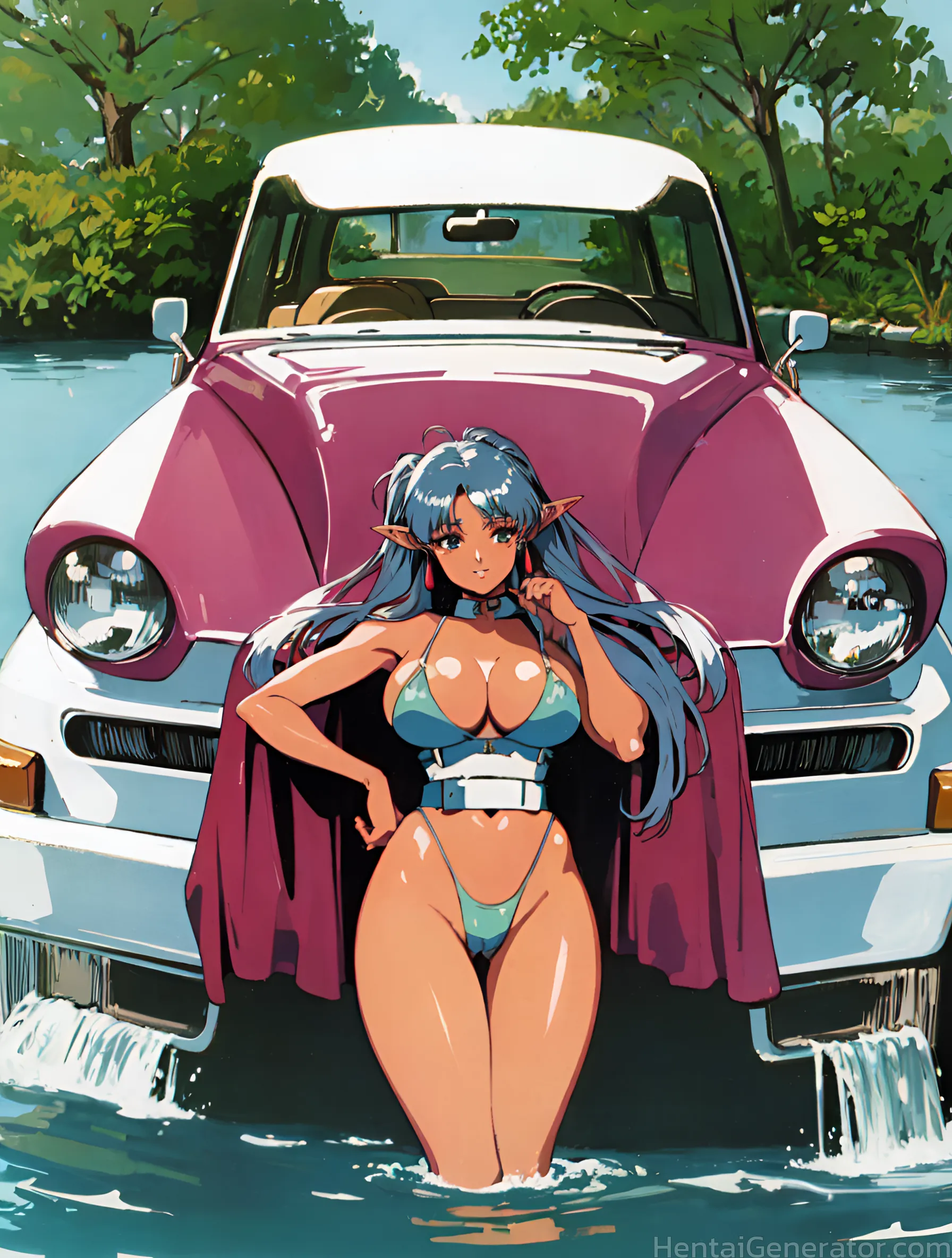  1girl bikini blue hair breasts car car interior dark elf day elf ground vehicle hand on hip highleg highleg bikini large breasts long hair long point