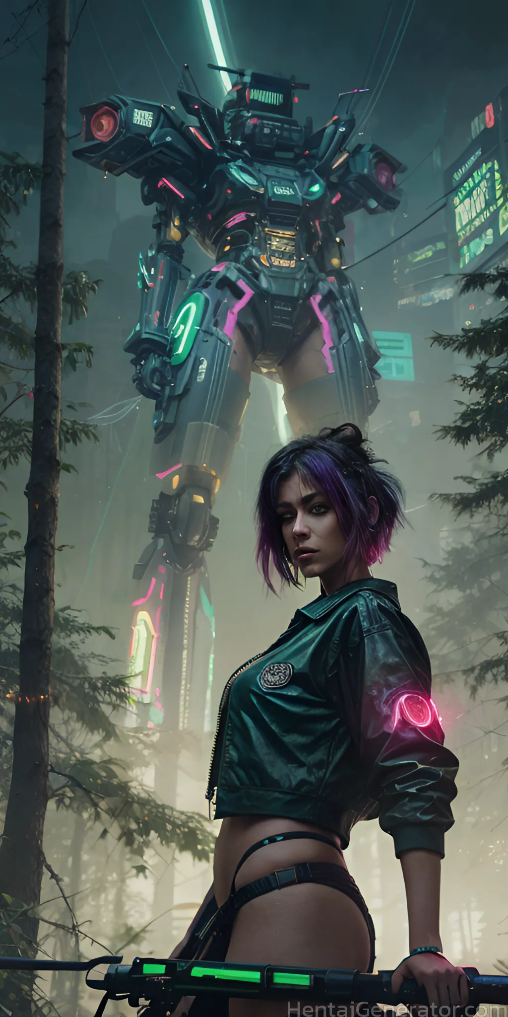  1girl bikini bottom building cyberpunk jacket lips makeup multicolored hair outdoors purple hair realistic science fiction short hair solo tree weapo