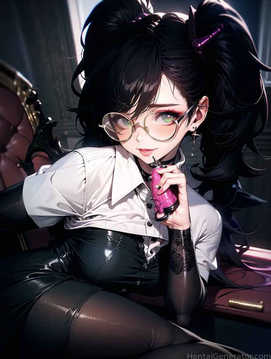  1girl black-framed eyewear black hair black nails bodysuit breasts earrings glasses gloves jewelry latex latex gloves long hair looking at viewer nai