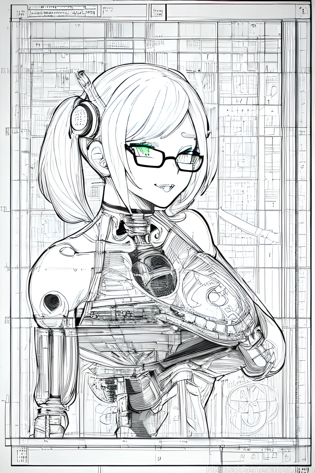  1girl black-framed eyewear building glasses green eyes greyscale headphones looking at viewer monochrome semi-rimless eyewear smile solo spot color t