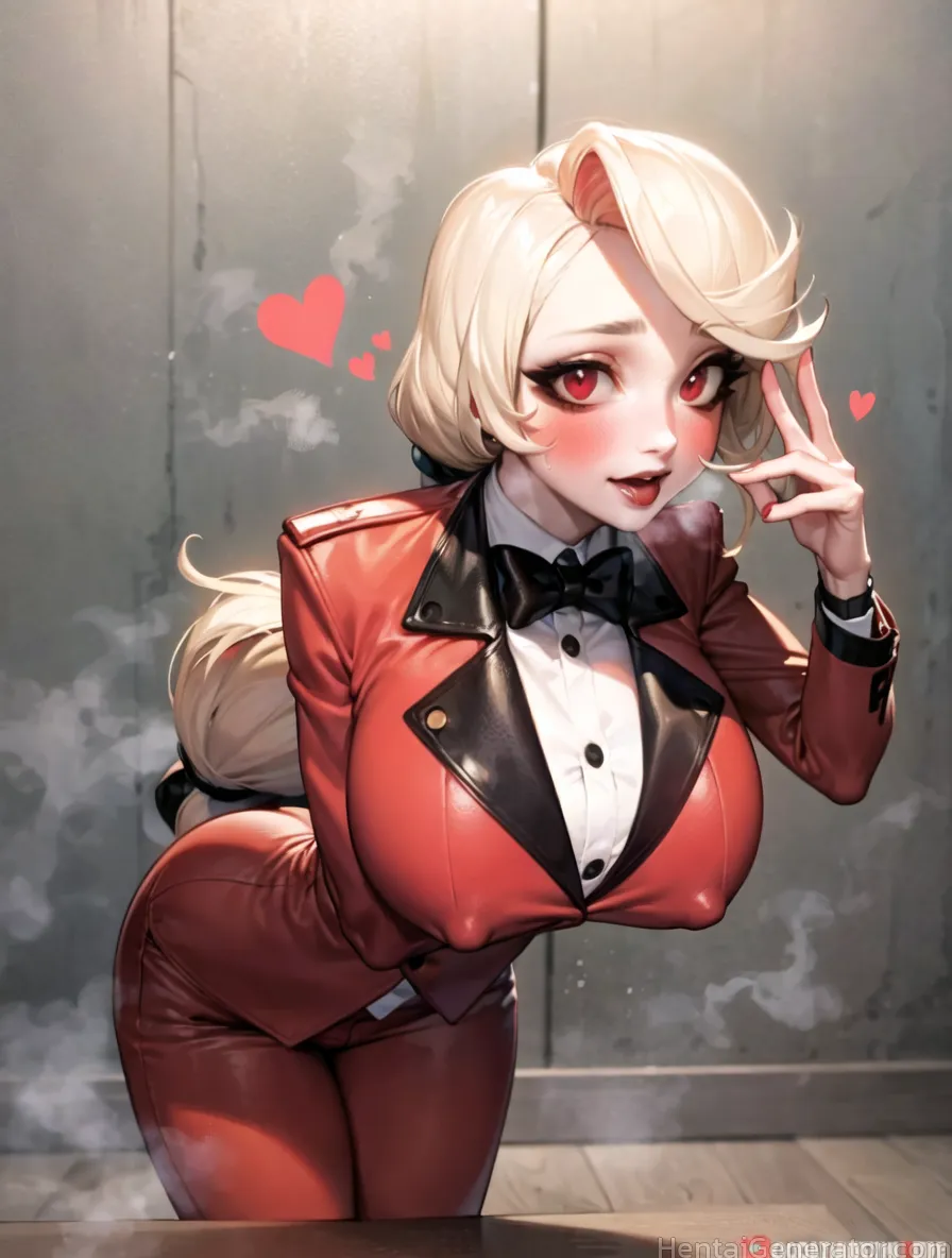  1girl black bow blush bow bowtie breasts breath covered nipples heart heart-shaped pupils heavy breathing jacket leaning forward long hair looking at