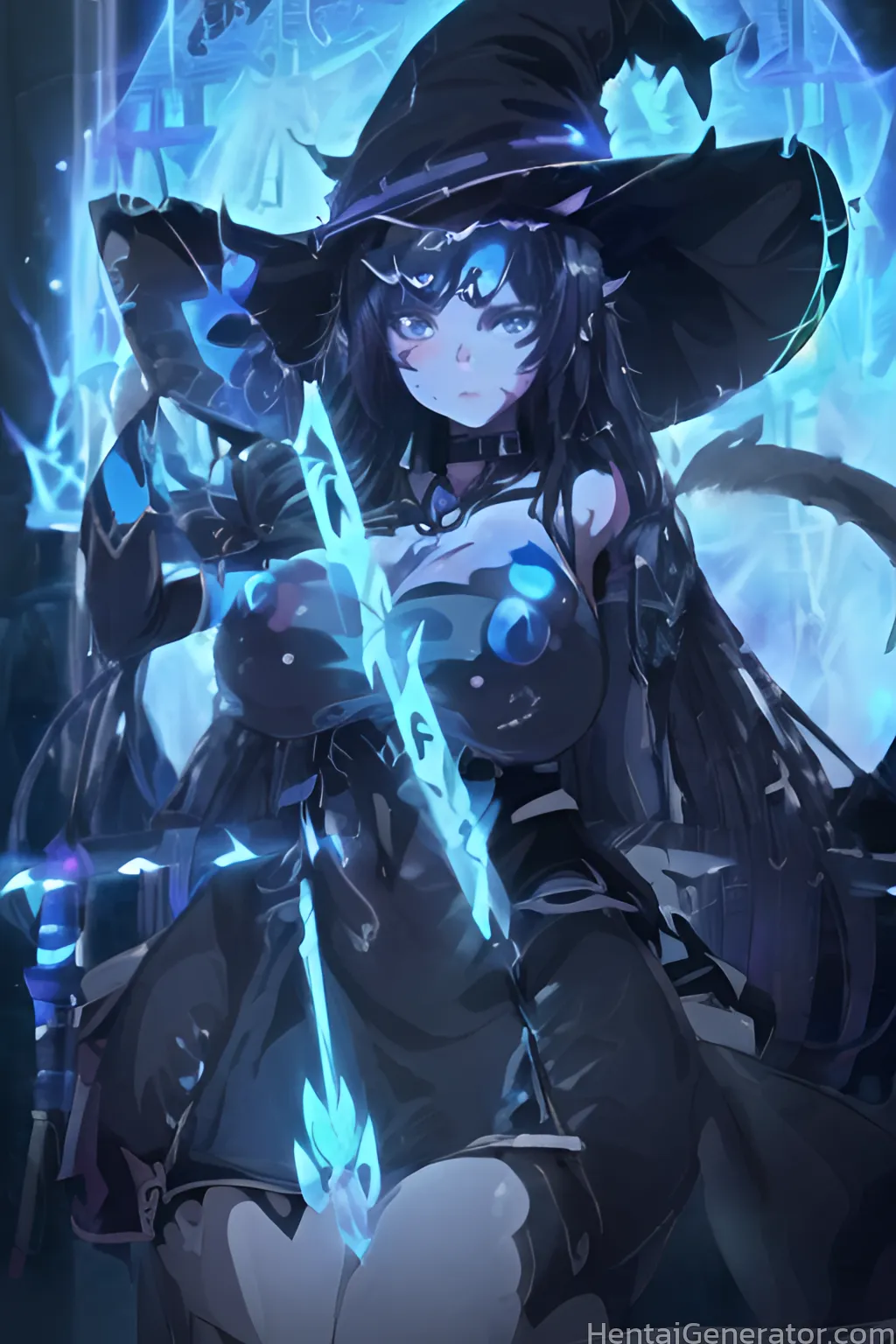  1girl black dress black gloves black hair black headwear blue eyes blue fire breasts dress electricity gloves glowing hat holding staff large breasts