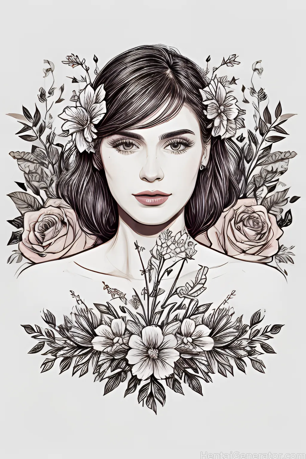  1girl black flower black rose bouquet daisy earrings floral background flower gradient gradient background grey background hair ornament holding flow