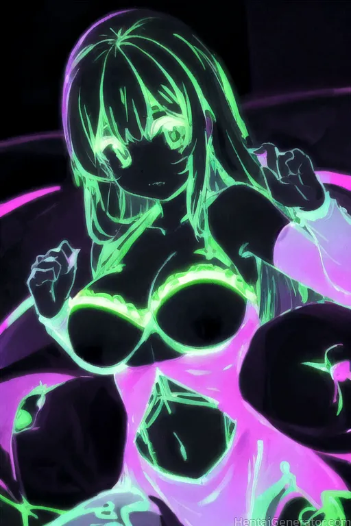  1girl black gloves breasts gloves glowing long hair looking at viewer navel neon trim solo sfw  