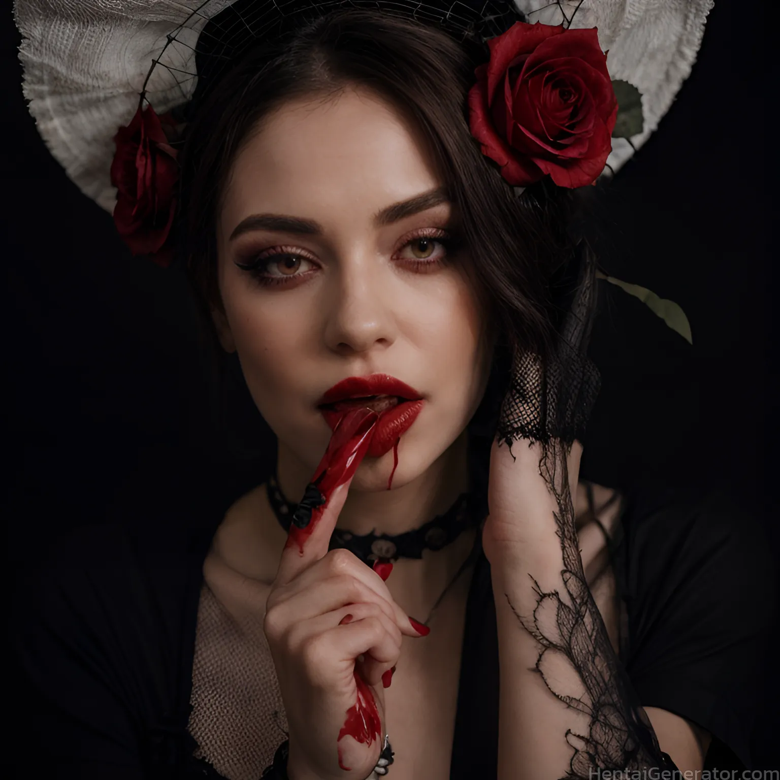  1girl black hair bleeding blood blood from mouth blood on face blood on hands blood splatter blood stain brown eyes camellia fishnets flower guro hai