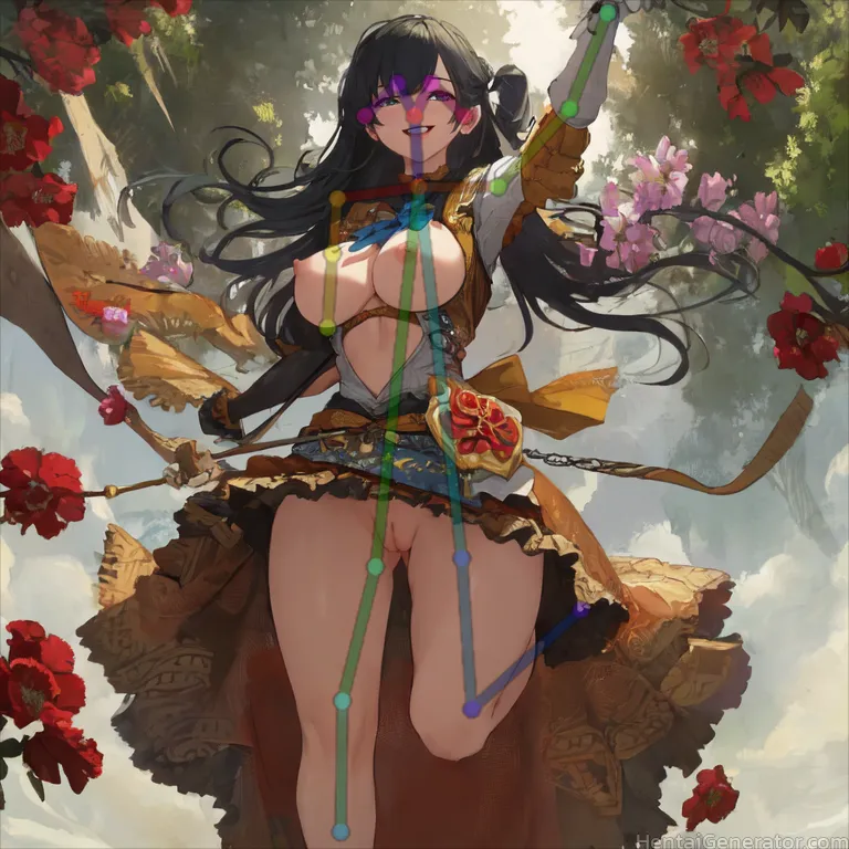  1girl black hair blood branch breasts camellia day defloration flower gloves hibiscus holding flower large breasts long hair looking at viewer nipple