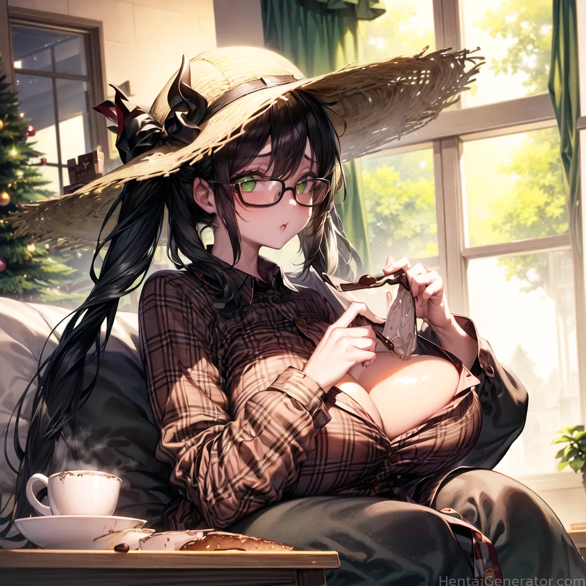  1girl black hair blush bra breasts cactus chair christmas tree cleavage coffee collared shirt couch cup curtains day glasses green eyes hat indoors l