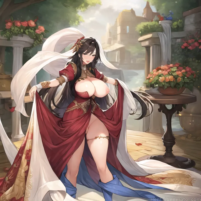  1girl black hair blush breasts breasts outside clothes lift day dress dress lift flashing flower hair ornament large breasts lifted by self long hair