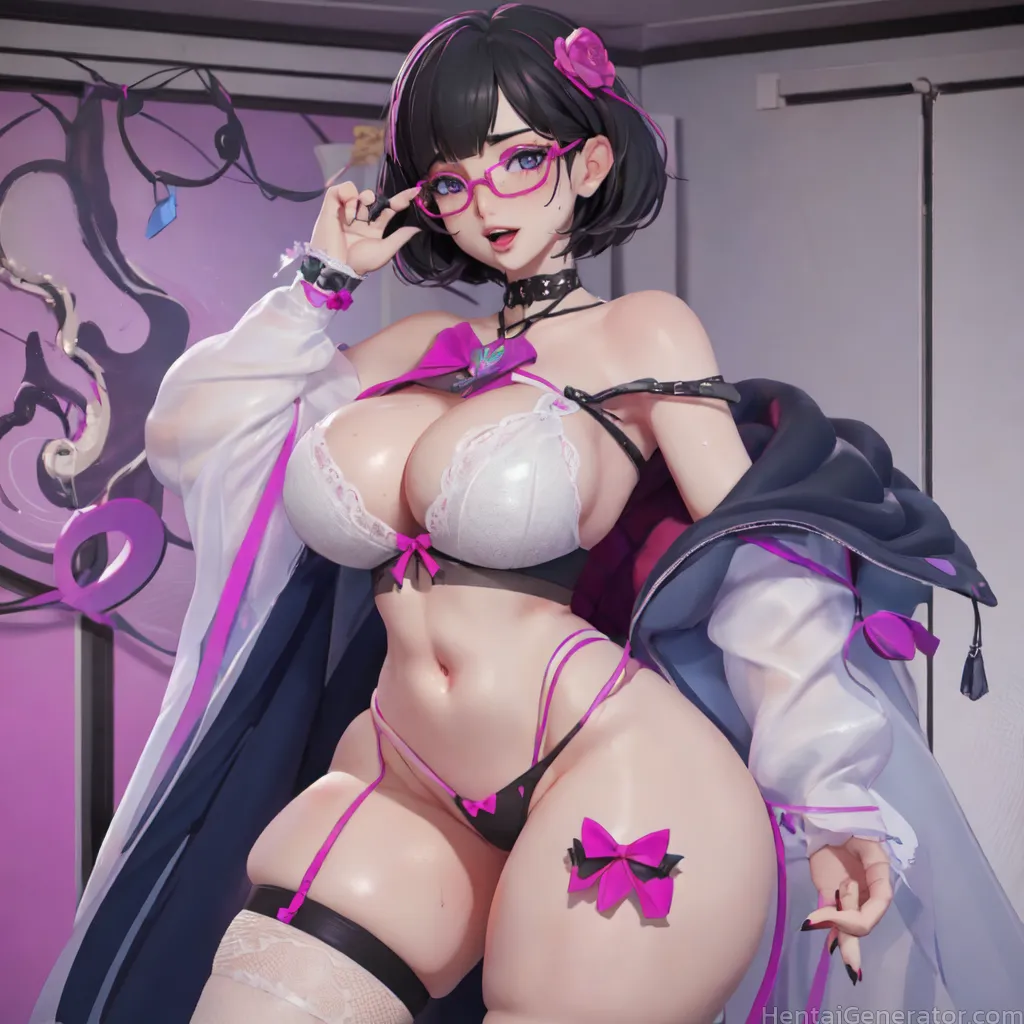  1girl black hair bow bra breasts choker cleavage garter belt glasses hair ornament jacket large breasts looking at viewer mole mole under eye multico