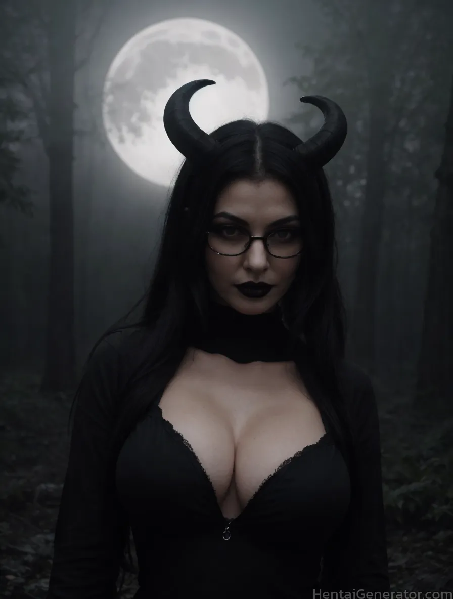  1girl black hair breasts cleavage crescent moon full moon glasses horns large breasts lips long hair moon moonlight night night sky realistic red moo