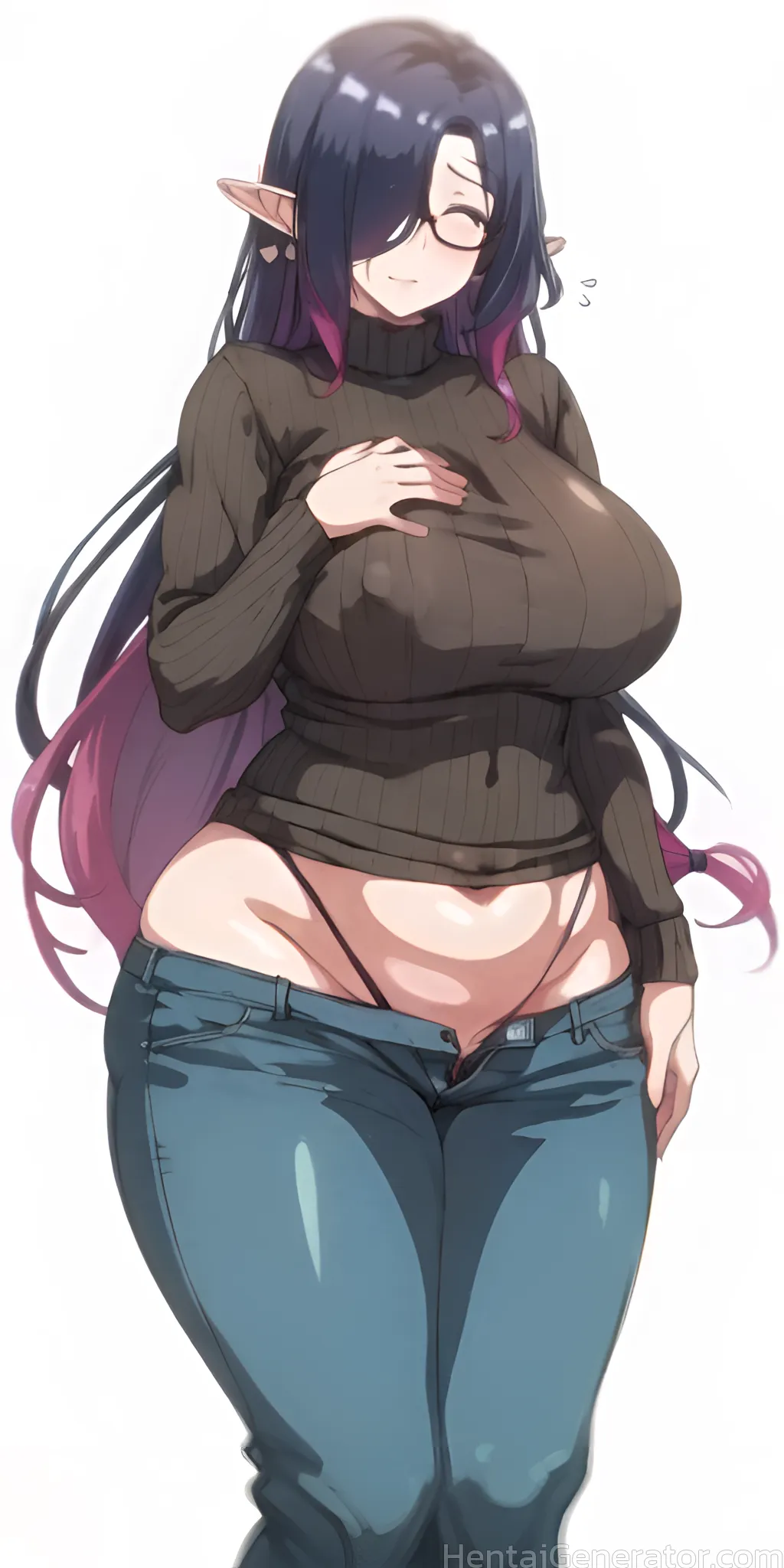  1girl black hair breasts closed eyes dark elf denim elf flying sweatdrops groin jeans long hair lowleg multicolored hair navel open fly panties pants