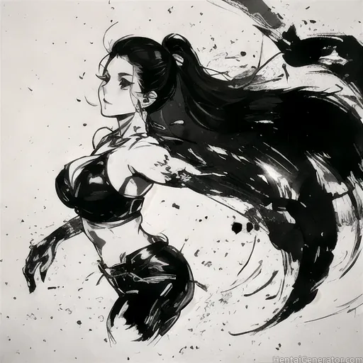  1girl black hair breasts crop top earrings from side greyscale jewelry long hair monochrome ponytail solo underwater water drop sfw  