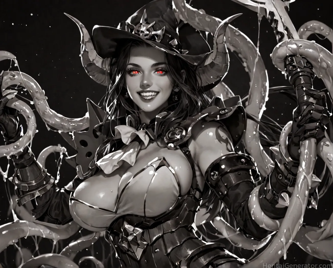  1girl black hair breasts grin hat horns hose large breasts red eyes slime  smile solo teeth tentacles sfw  