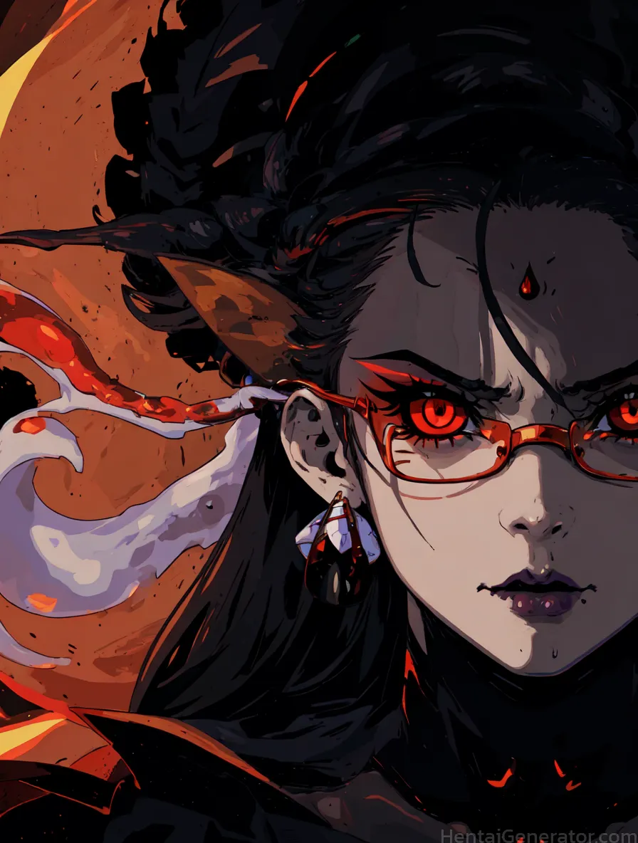  1girl black hair burning earrings embers face fire flame jewelry long hair mole orange background red eyes solo sfw  