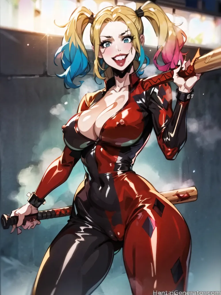  1girl blonde hair blue eyes blue hair blush bodysuit breasts cleavage large breasts looking at viewer multicolored hair open mouth hentaigenerator sm