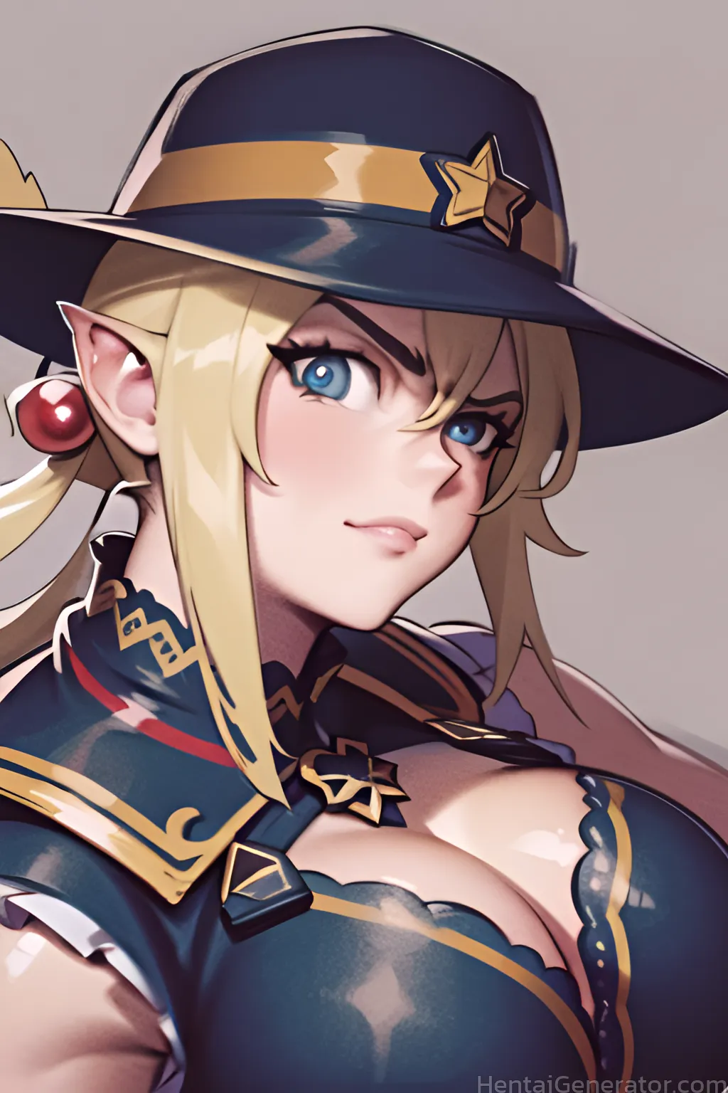  1girl blonde hair blue eyes breasts cleavage grey background hair between eyes hat large breasts long hair looking at viewer pointy ears smile solo u