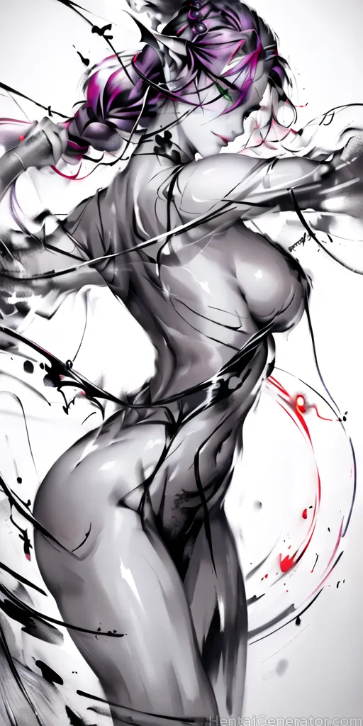  1girl blood blood on face blood splatter bodysuit braid breasts gradient gradient background grey background medium breasts purple hair solo sfw  