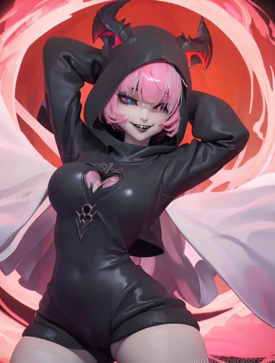  1girl blue eyes breasts cleavage cutout clothing cutout eyebrows visible through hair grin hood hood up hoodie looking at viewer pink hair sharp teet