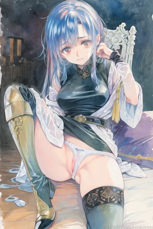  1girl blue hair boots breasts long hair looking at viewer panties see-through sitting solo thighhighs traditional media underwear white panties nsfw 