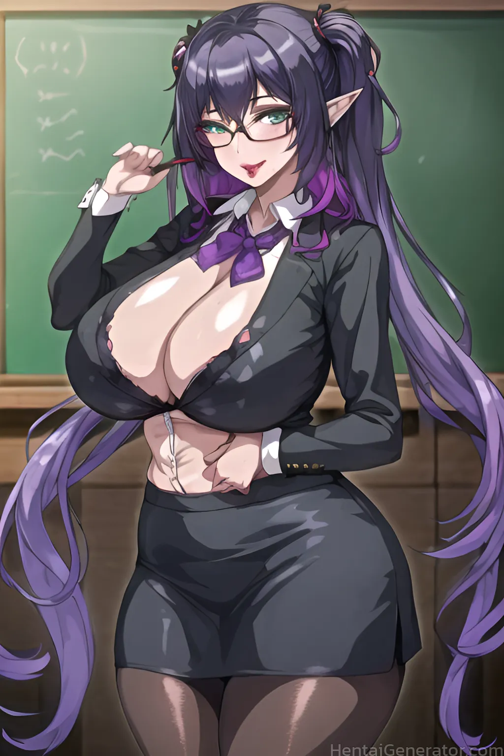  1girl bra breasts chalkboard cleavage elf glasses green eyes long hair looking at viewer miniskirt pantyhose pencil skirt pointy ears purple hair ski