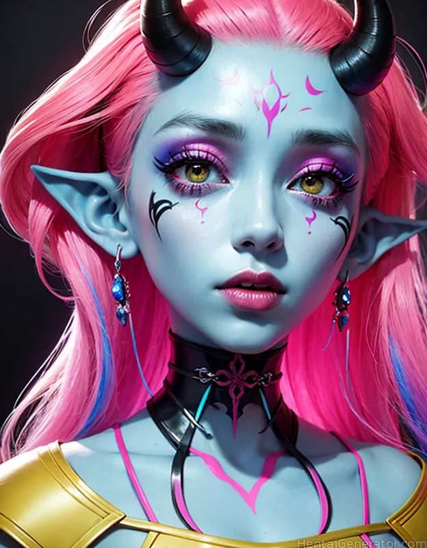  1girl breasts colored skin earrings face facial mark glowing horns jewelry looking at viewer makeup piercing pink hair portrait solo yellow eyes sfw 