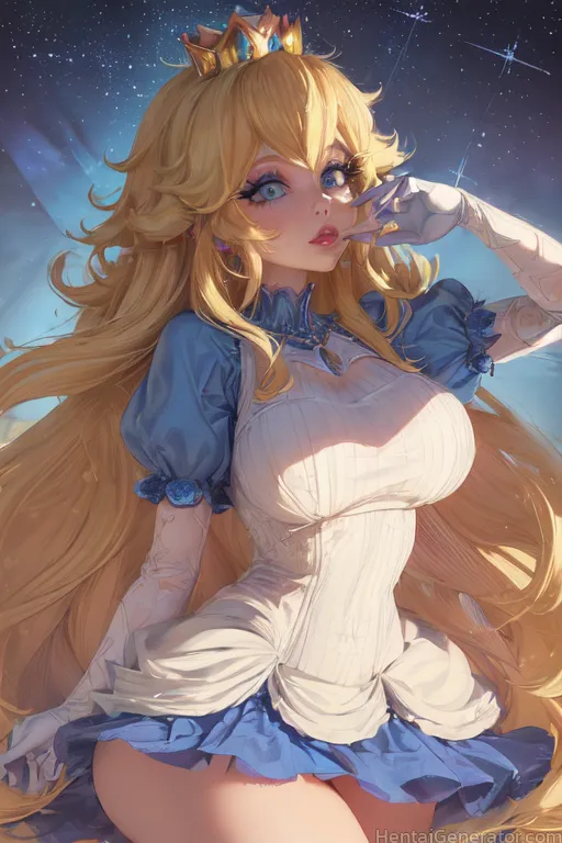  1girl hentaigenerator aurora blonde hair blue eyes breasts constellation crown dress earrings elbow gloves galaxy gloves jewelry light particles lips