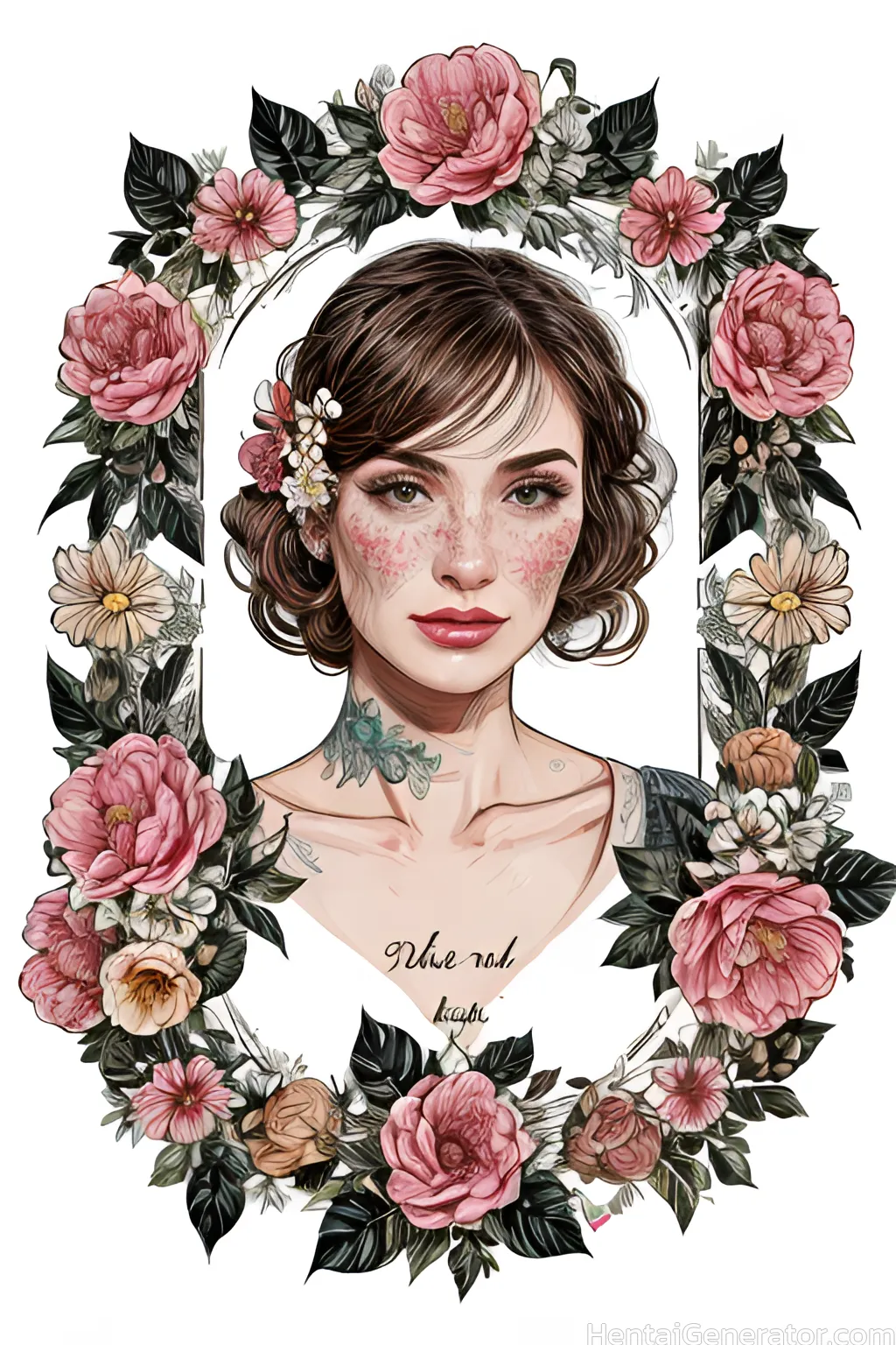  1girl hentaigenerator back tattoo bouquet brown hair camellia daisy facepaint floral background flower flower  full-body tattoo green eyes green flow