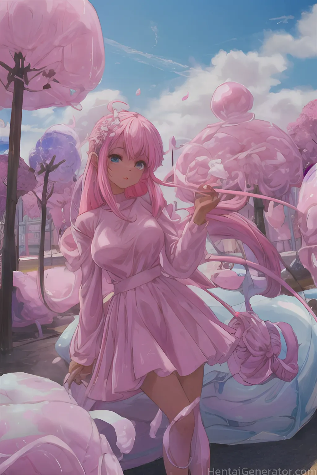  1girl hentaigenerator balloon bangs blue eyes blue sky cherry blossoms cloud cloudy sky day dress flower hair flower long hair long sleeves looking a