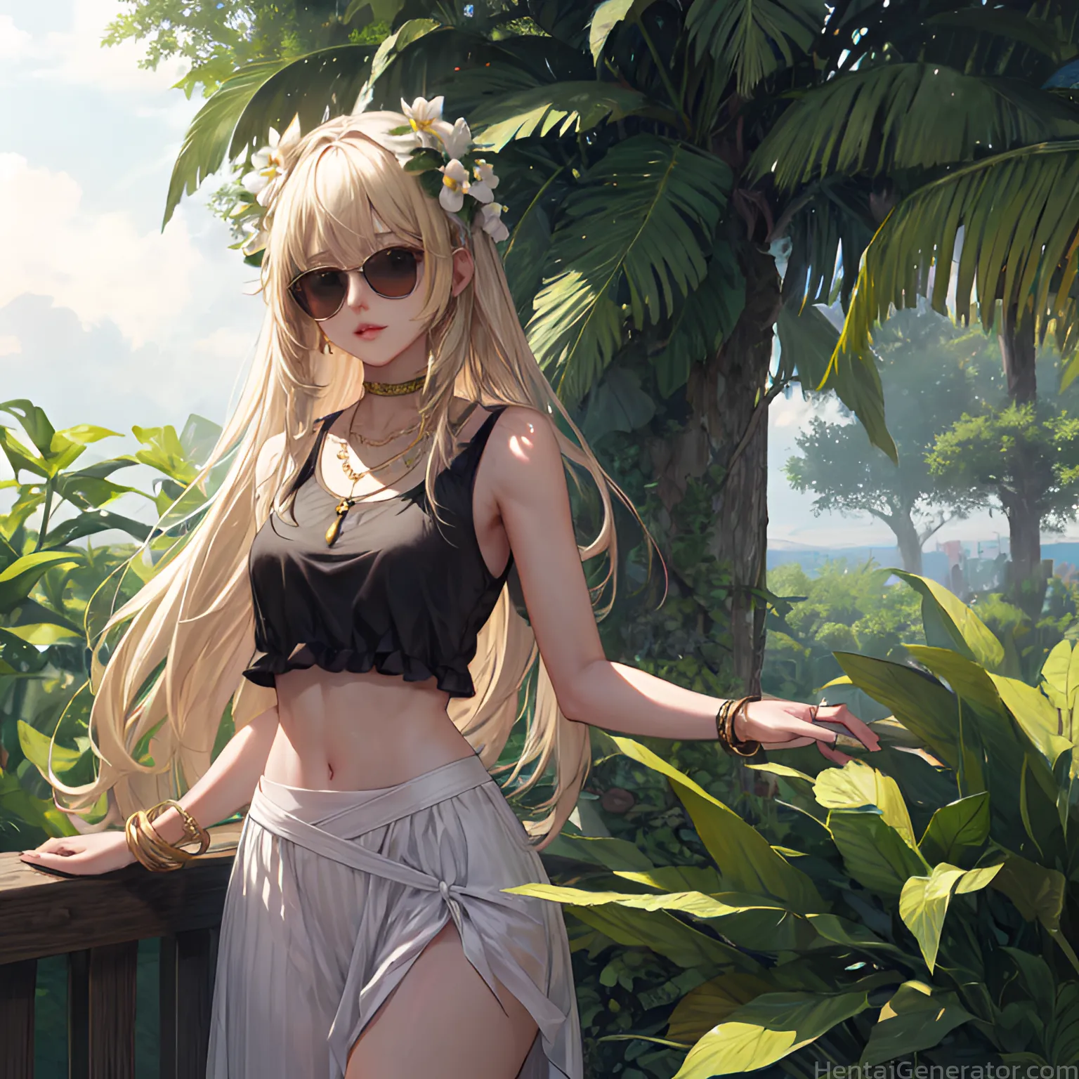  1girl hentaigenerator bamboo bamboo forest bangle bangs bare shoulders beach bead bracelet blinds blonde hair bracelet branch breasts bush cactus cho