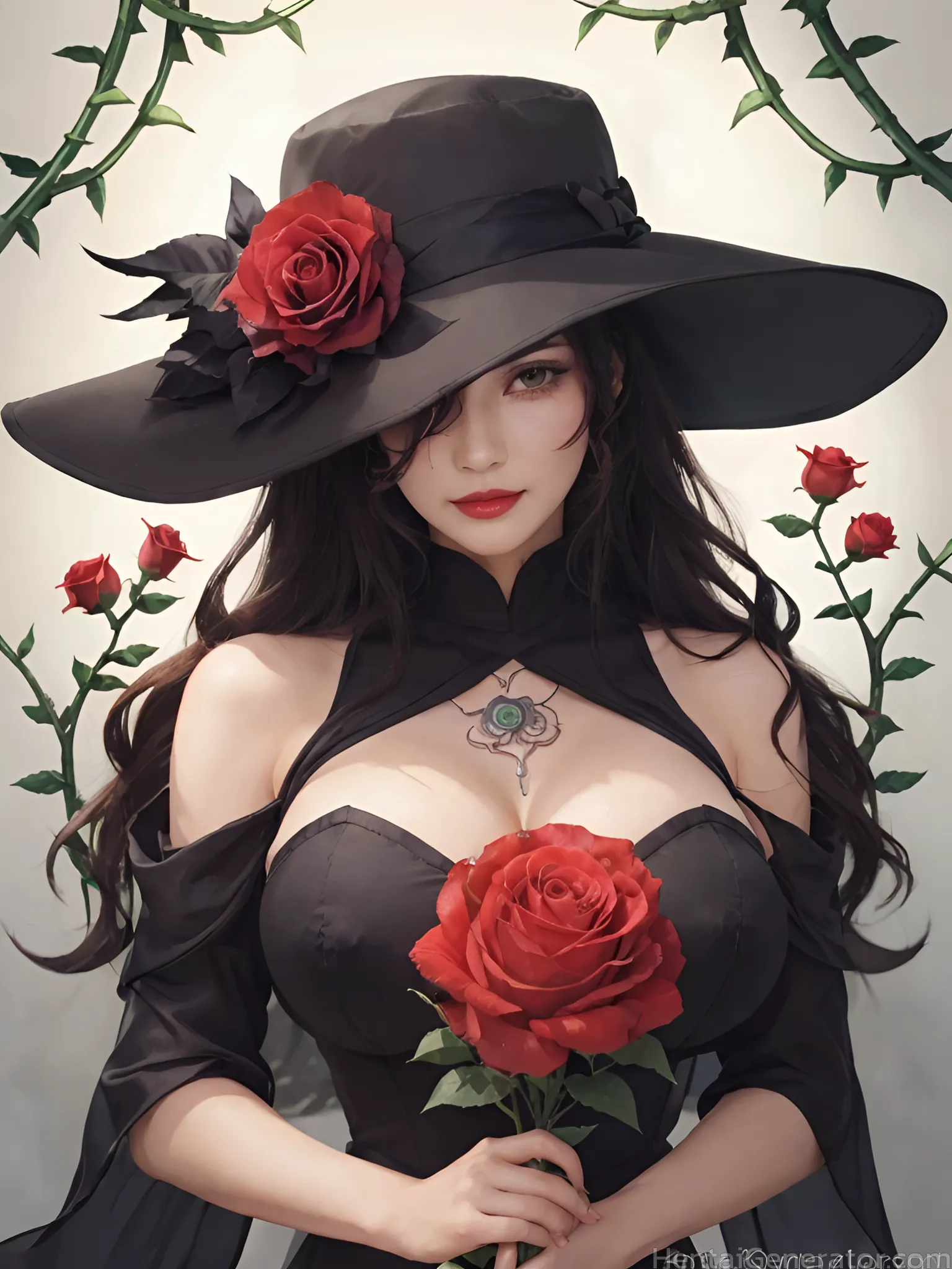  1girl hentaigenerator bamboo bare shoulders berry black dress black headwear black rose bouquet branch breasts camellia cleavage flower flower pot ga