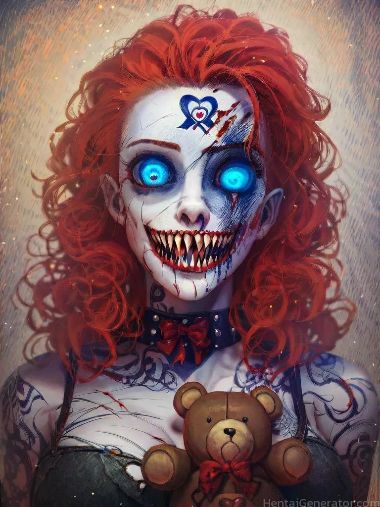  1girl hentaigenerator bandages bear blood blood on face blue eyes bow curly hair glowing glowing eyes holding stuffed toy looking at viewer makeup re