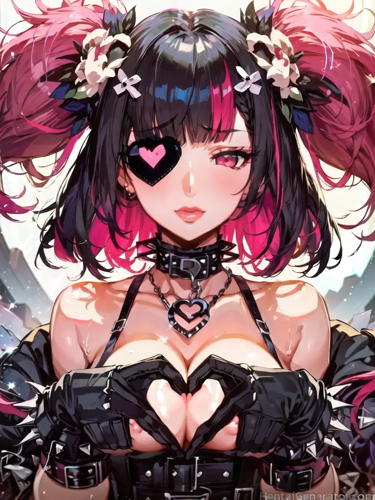  1girl hentaigenerator bangs bare shoulders black hair blush breasts chain cleavage collar collarbone earrings eyebrows visible through hair gloves ha