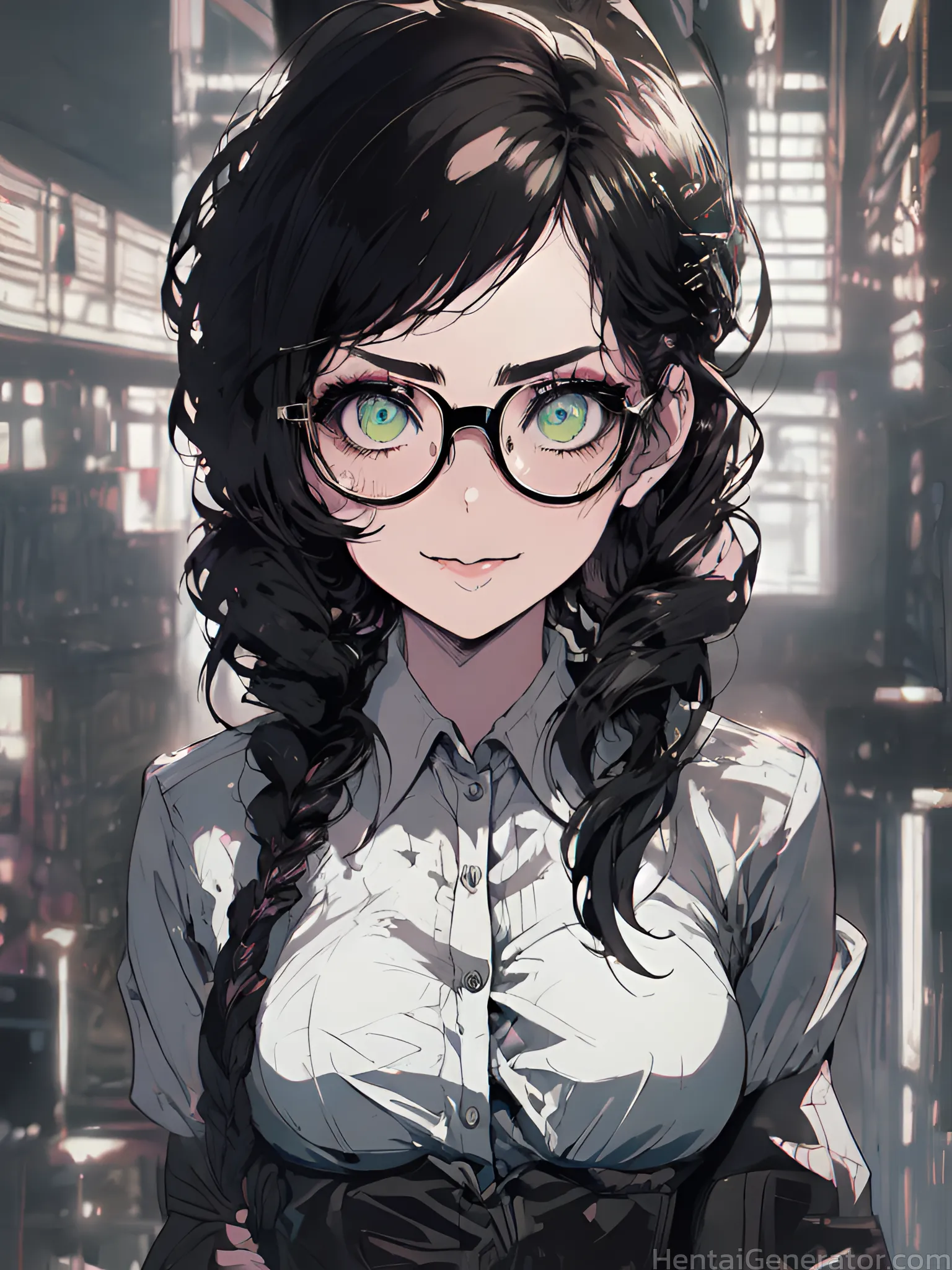  1girl hentaigenerator bangs black-framed eyewear black hair bookshelf braid breasts building city cityscape collared shirt crossed arms glasses green