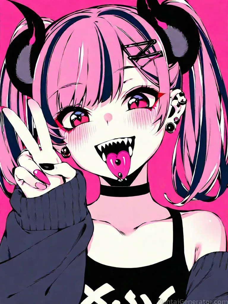  1girl hentaigenerator bangs black choker black nails blush choker collarbone ear piercing earrings eyebrows visible through hair fangs hair ornament 