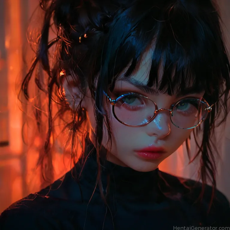  1girl hentaigenerator bangs black hair blunt bangs blurry fire glasses goldfish lips long hair looking at viewer round eyewear solo sfw  