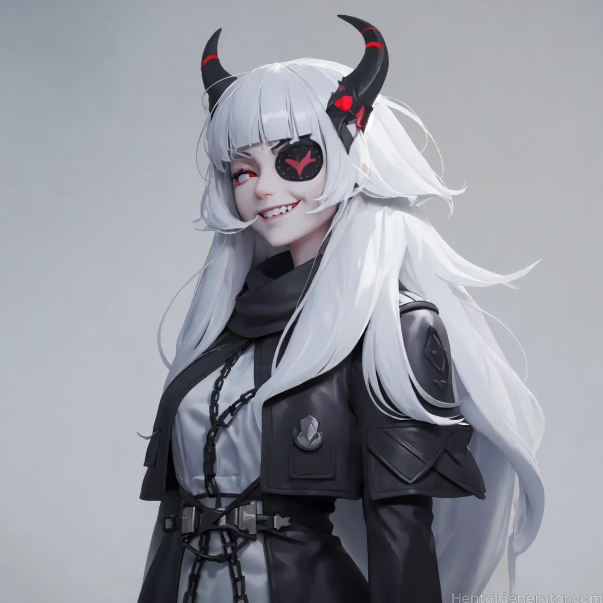  1girl hentaigenerator bangs blunt bangs chain eyepatch grey background horns jacket long hair looking at viewer sharp teeth smile solo teeth upper bo