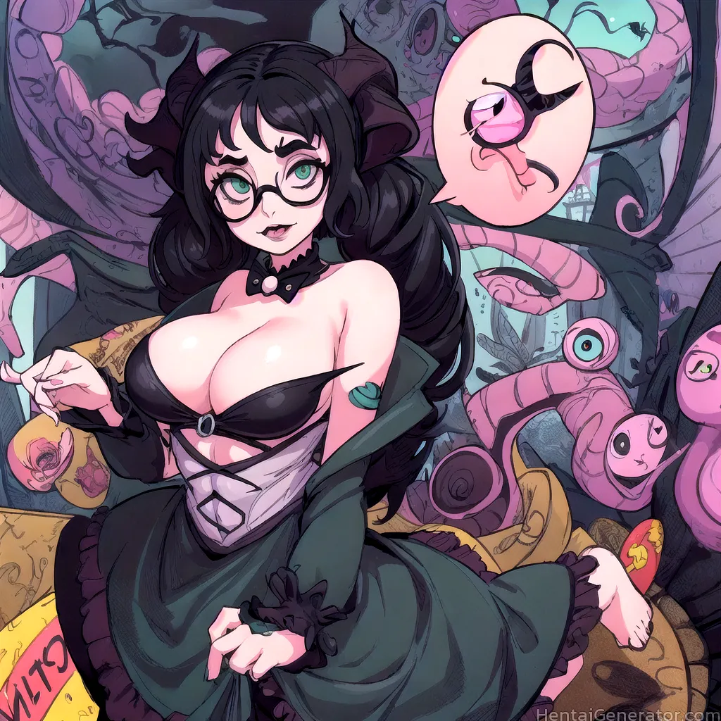  1girl hentaigenerator bare shoulders barefoot black-framed eyewear black hair breasts cleavage glasses green eyes horns large breasts long hair tongu