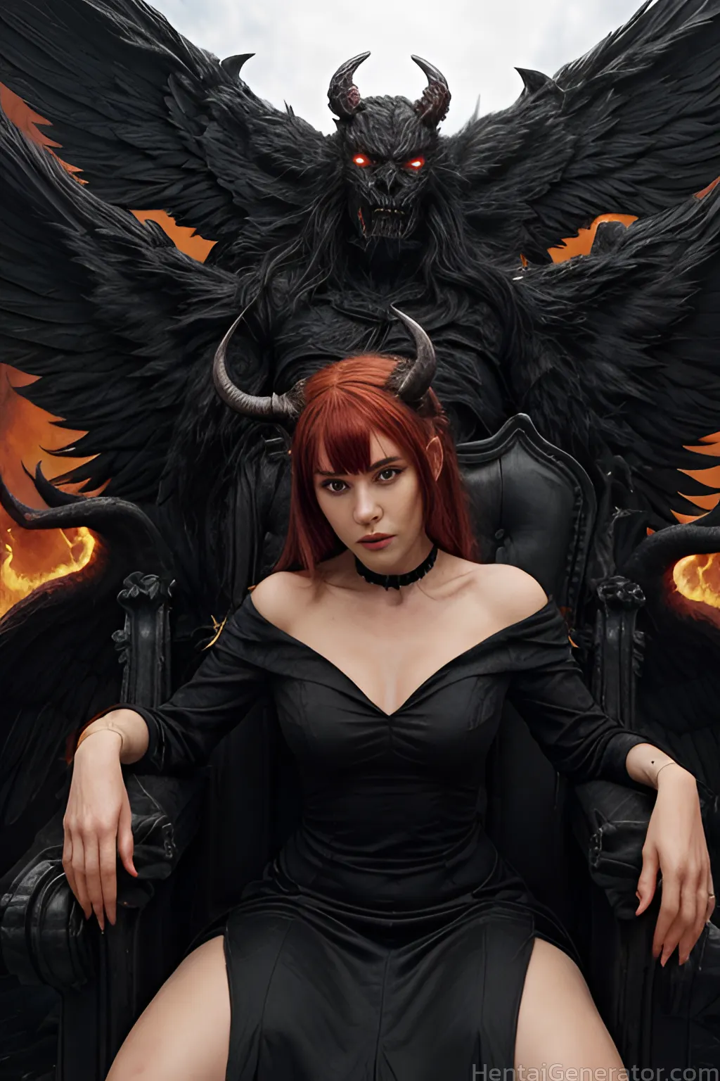  1girl hentaigenerator bare shoulders bird black wings breasts choker crow demon boy demon girl demon horns dress eagle feathered wings feathers fire 