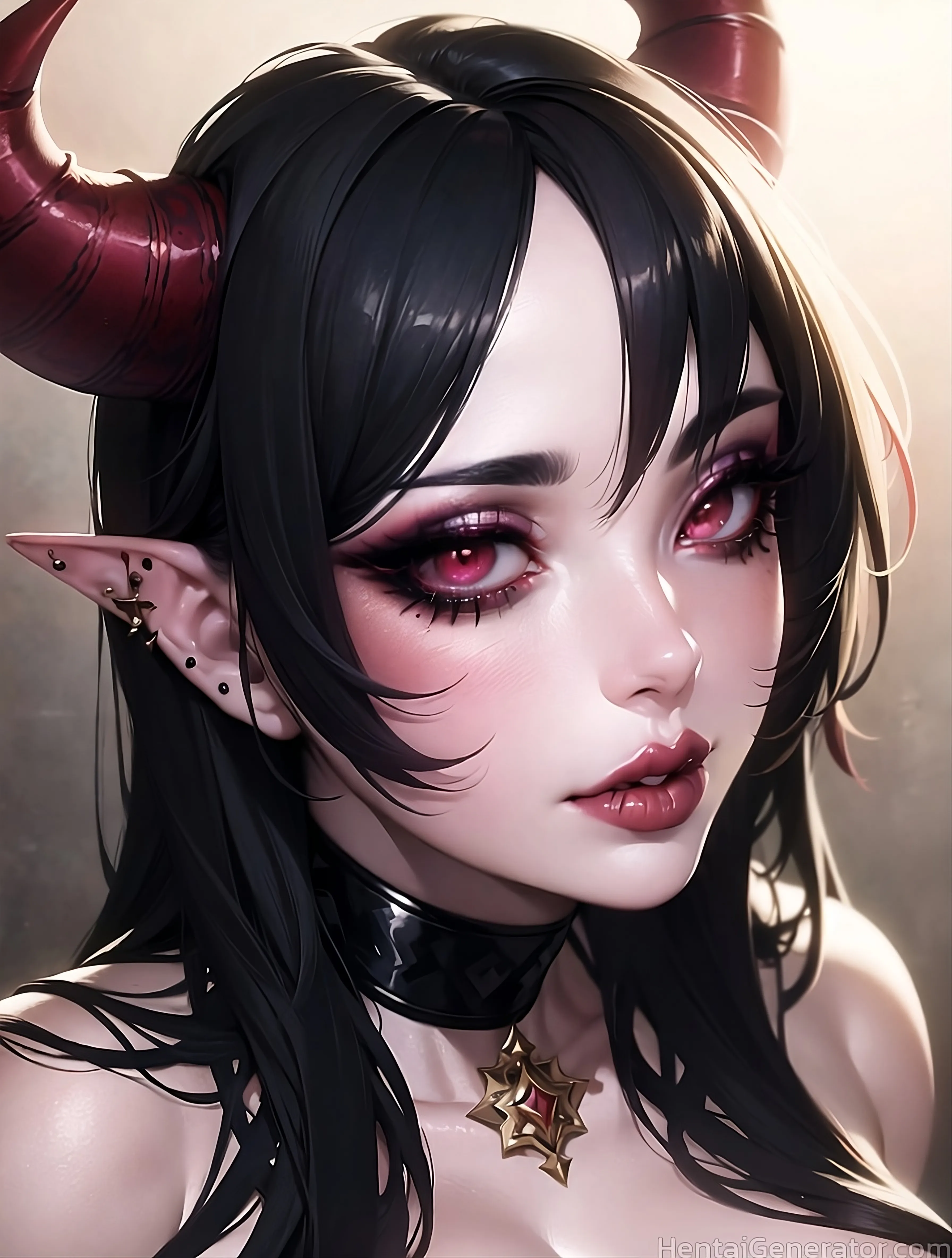  1girl hentaigenerator bare shoulders black hair demon horns eyelashes face horns lips long hair looking at viewer makeup nose pointy ears red lips so