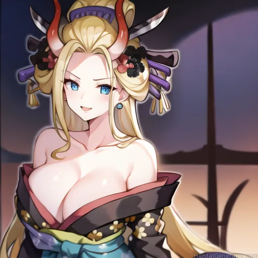  1girl hentaigenerator bare shoulders black kimono blonde hair blue eyes breasts cleavage collarbone earrings hair ornament hair stick horns japanese 