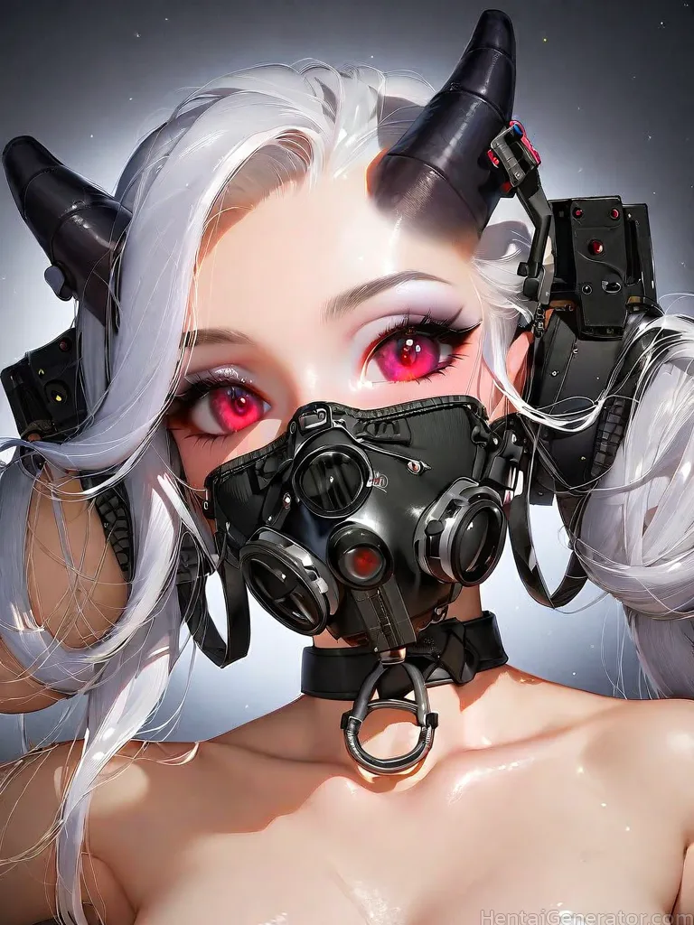  1girl hentaigenerator bare shoulders chain collar collarbone eyelashes face forehead gas mask gradient gradient background horns light particles long