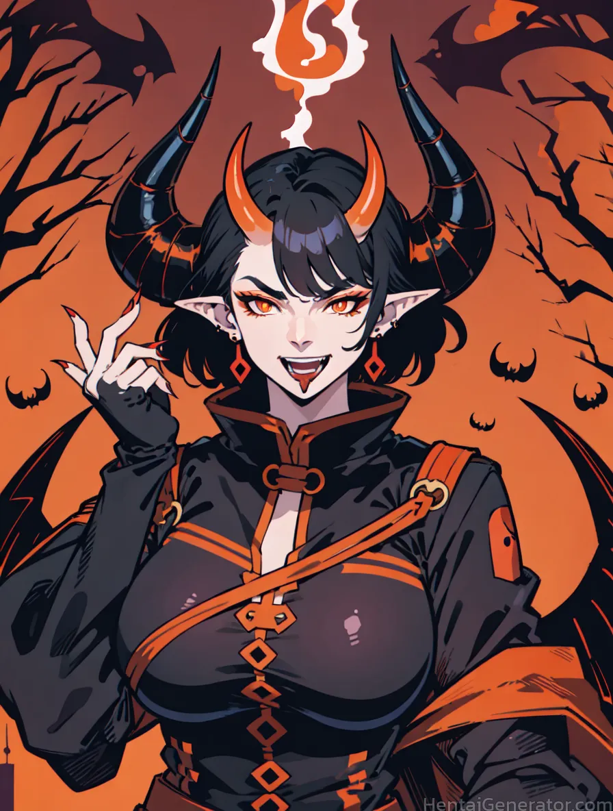  1girl hentaigenerator bare tree bat bat wings black hair black nails crescent moon cross cross earrings demon horns ear piercing earrings fangs finge