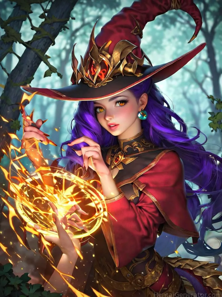  1girl hentaigenerator bare tree blurry blurry background branch earrings energy fingernails fire flame forest hat jewelry leaf lips long hair magic n