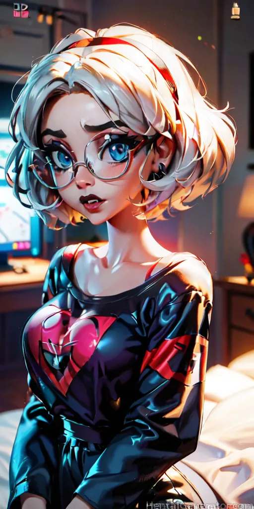  1girl hentaigenerator bespectacled black-framed eyewear blonde hair blue eyes blurry blurry background breasts collarbone depth of field glasses lips