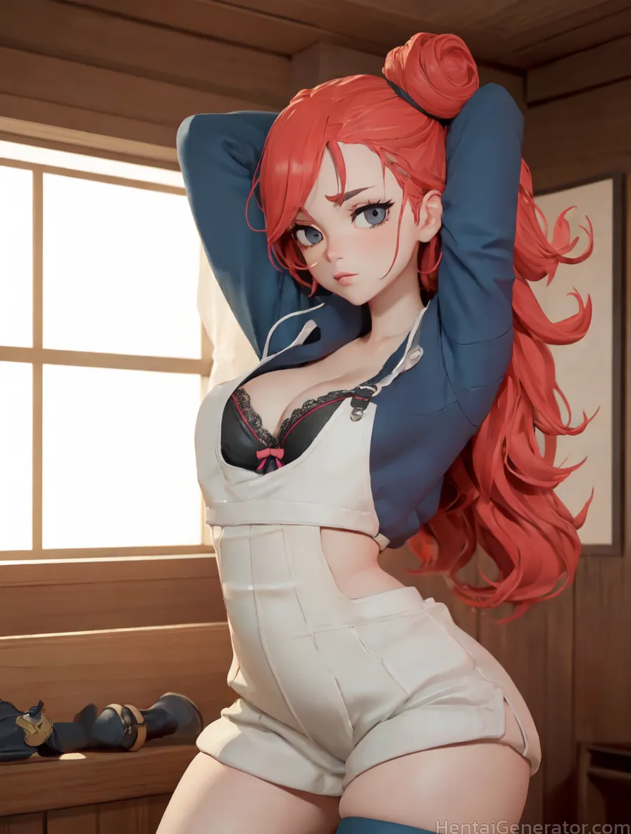  1girl hentaigenerator black bra bra breasts cleavage indoors long hair looking at viewer red hair sitting solo thighhighs underwear watermark hentaig